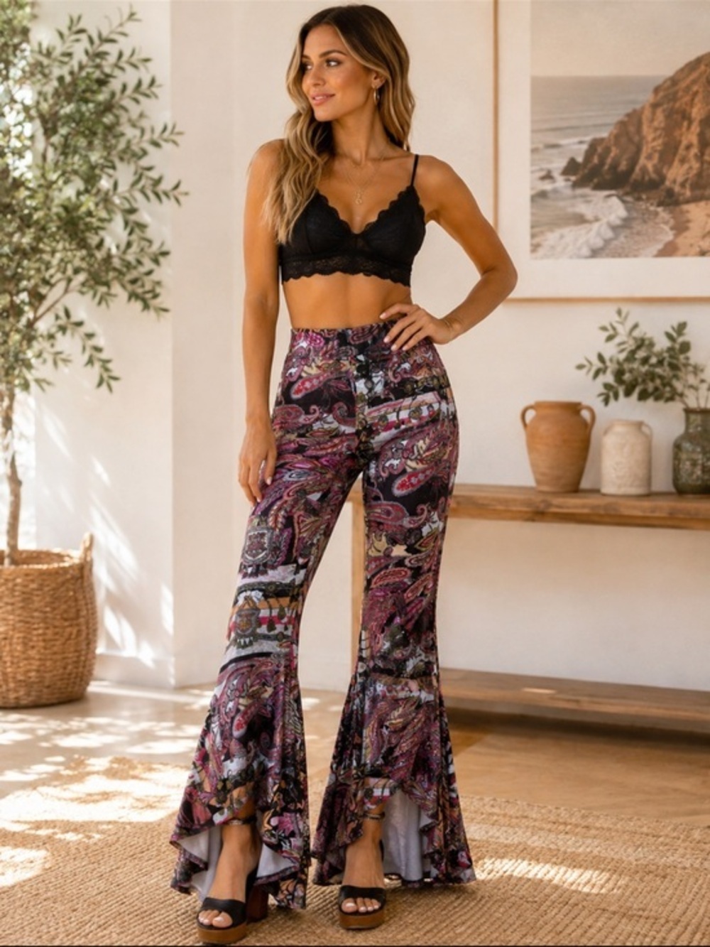 Isle by Melis Kozan Velvet Paisley Flare Pants NWT Size Small